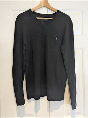 All Saints Slim Fit Mens Black V-Neck 100% Merino Wool Sweater Womens Oversized